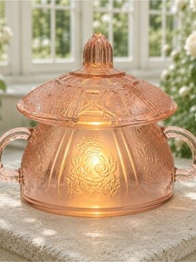 Vintage Pink Depression Glass Sugar Bowl Styled as Fairy Lamp